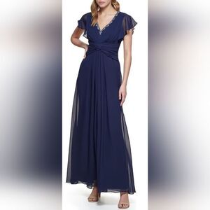 Eliza J Twist Waist Chiffon Flutter Sleeve Beaded Dress NWT sz 12 Navy Blue